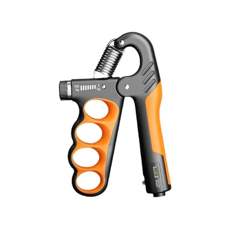 Adjustable electronic counter spring grip hand strengthener in grey, orange, or red.