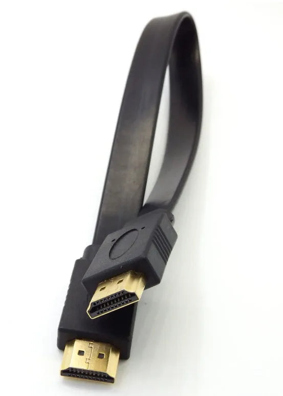 A flat black HDMI cable with male connectors on a white background.