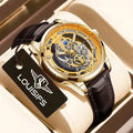 Swiss quartz men's business watch with double-sided hollow case and leather strap.