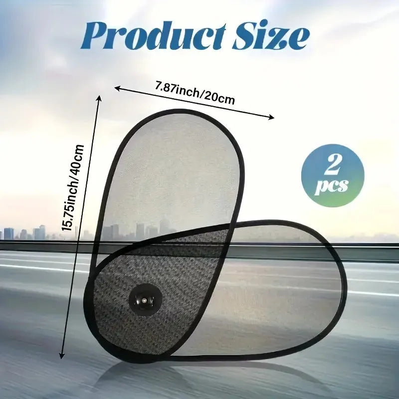 Black adjustable car window shade with suction cups stretched across vehicle side window