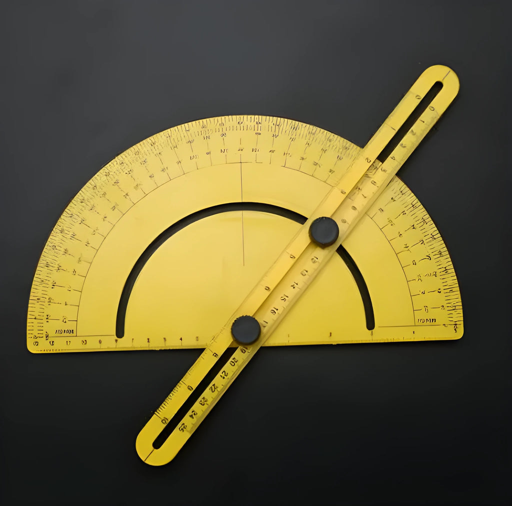 White plastic carpentry angle measuring tool with 180-degree scale and measuring arm on a wooden surface.