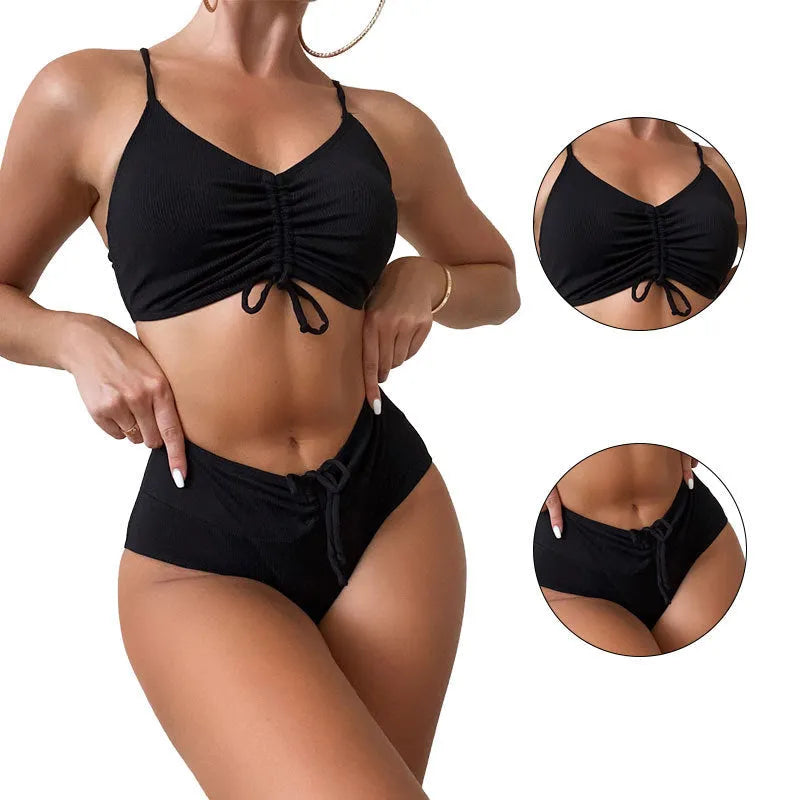 Black women's high-waisted bikini with sling split shorts and sleeveless top