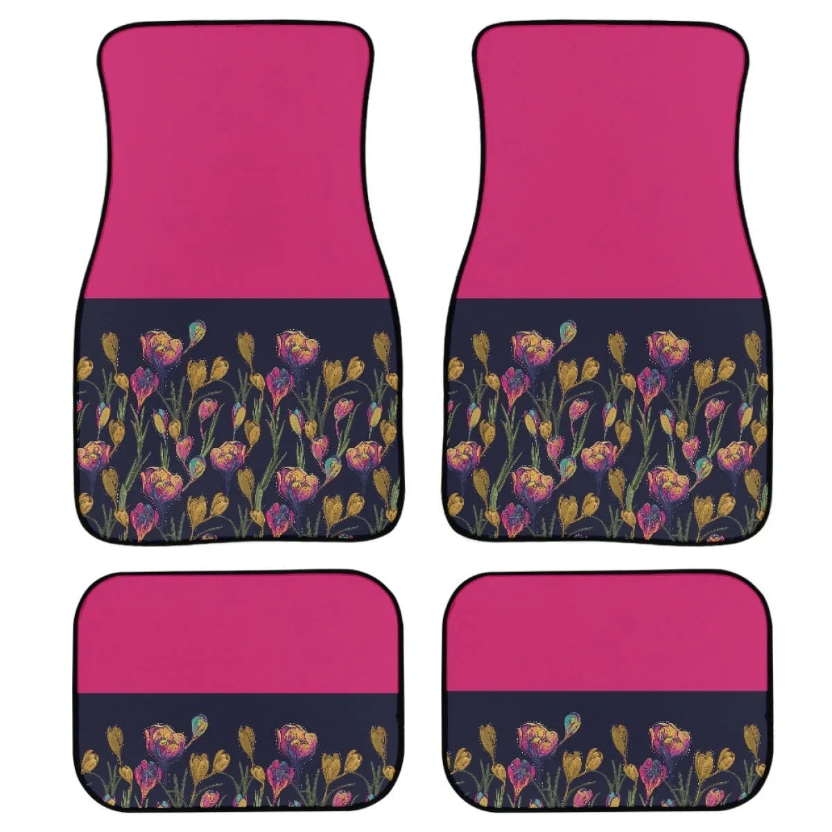 Black four-piece rubber car foot mat set showing textured surface and 20mm thick edge.
