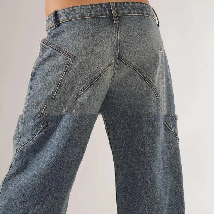 Loose straight wide leg cotton mop trousers in blue colour showing stitching detail