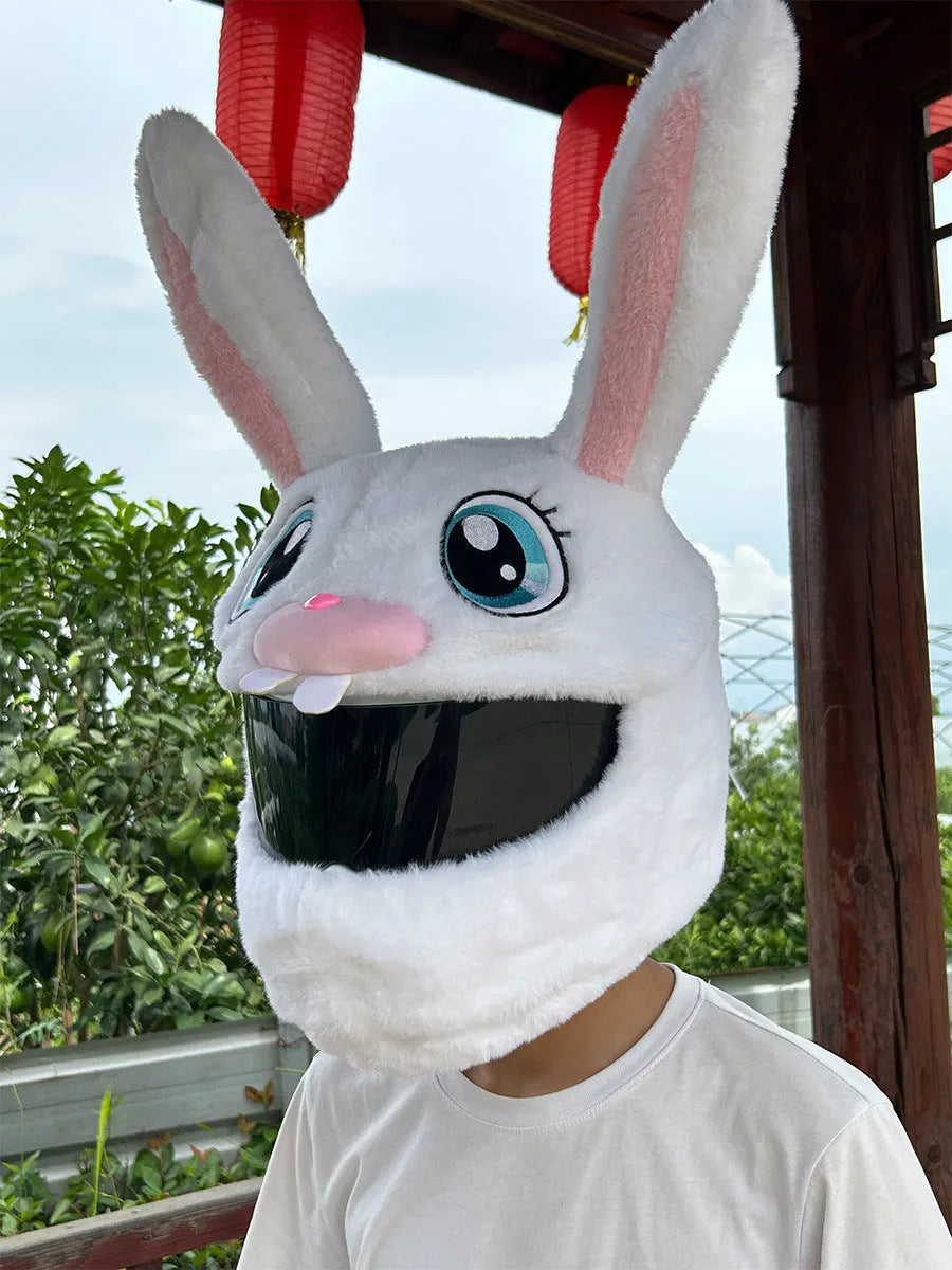 White rabbit head decorative cover with plush lining for electric motorcycle helmets