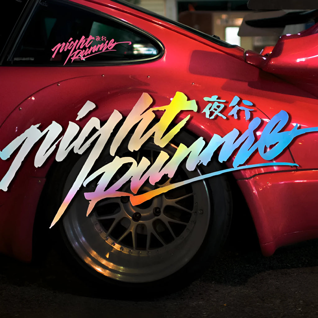Nightwalker reflective adhesive car sticker for rear windshield in black, colourful, or pink.
