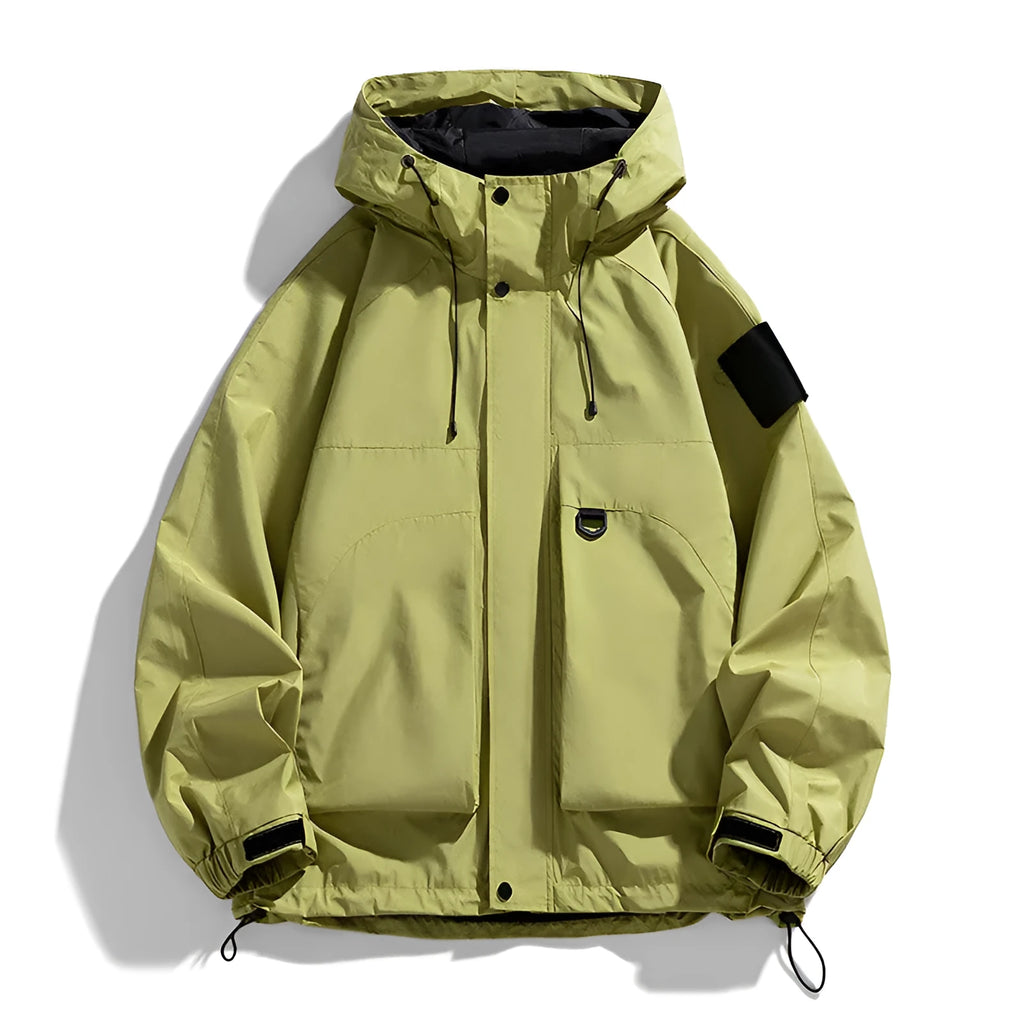 Men's black waterproof windproof hooded coat with long sleeves on a hanger.