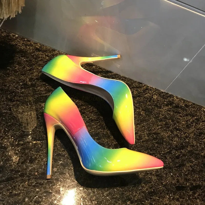 Rainbow glossy patent leather women's stiletto sandals with a pointed toe and thin ultra-high heel.