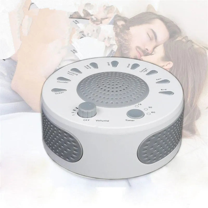 White electronic sleep aid device with nine sound options and timer controls