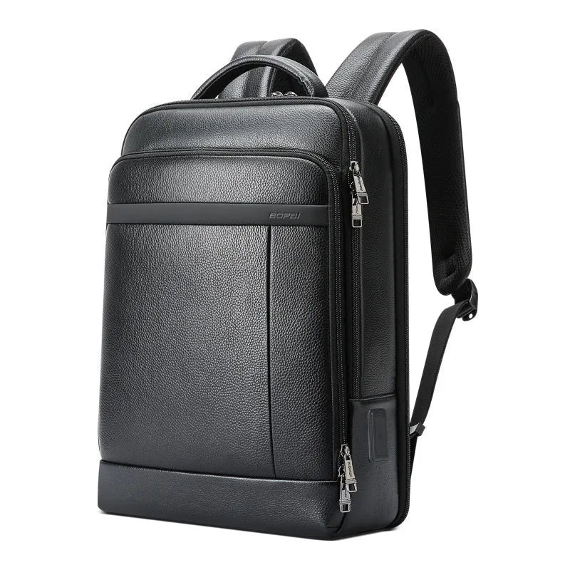 Black first-layer cowhide leather commuter backpack with USB interface and curved shoulder strap