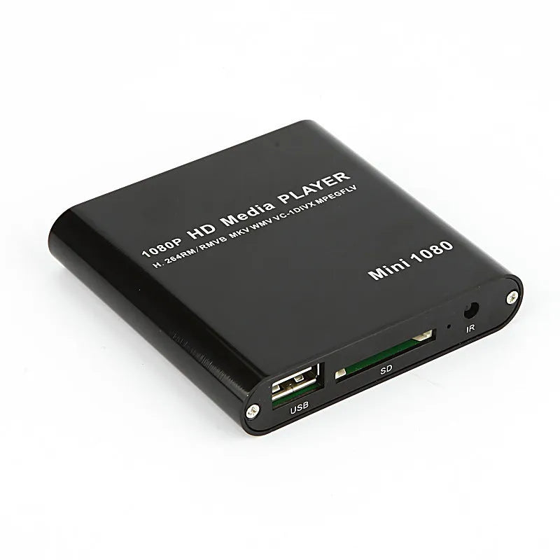 Compact black or blue 1080P Full HD media player with HDMI, SD, and USB ports