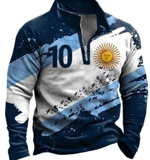 Men's retro colour print long sleeve t-shirt with zipper decorations in loose fit