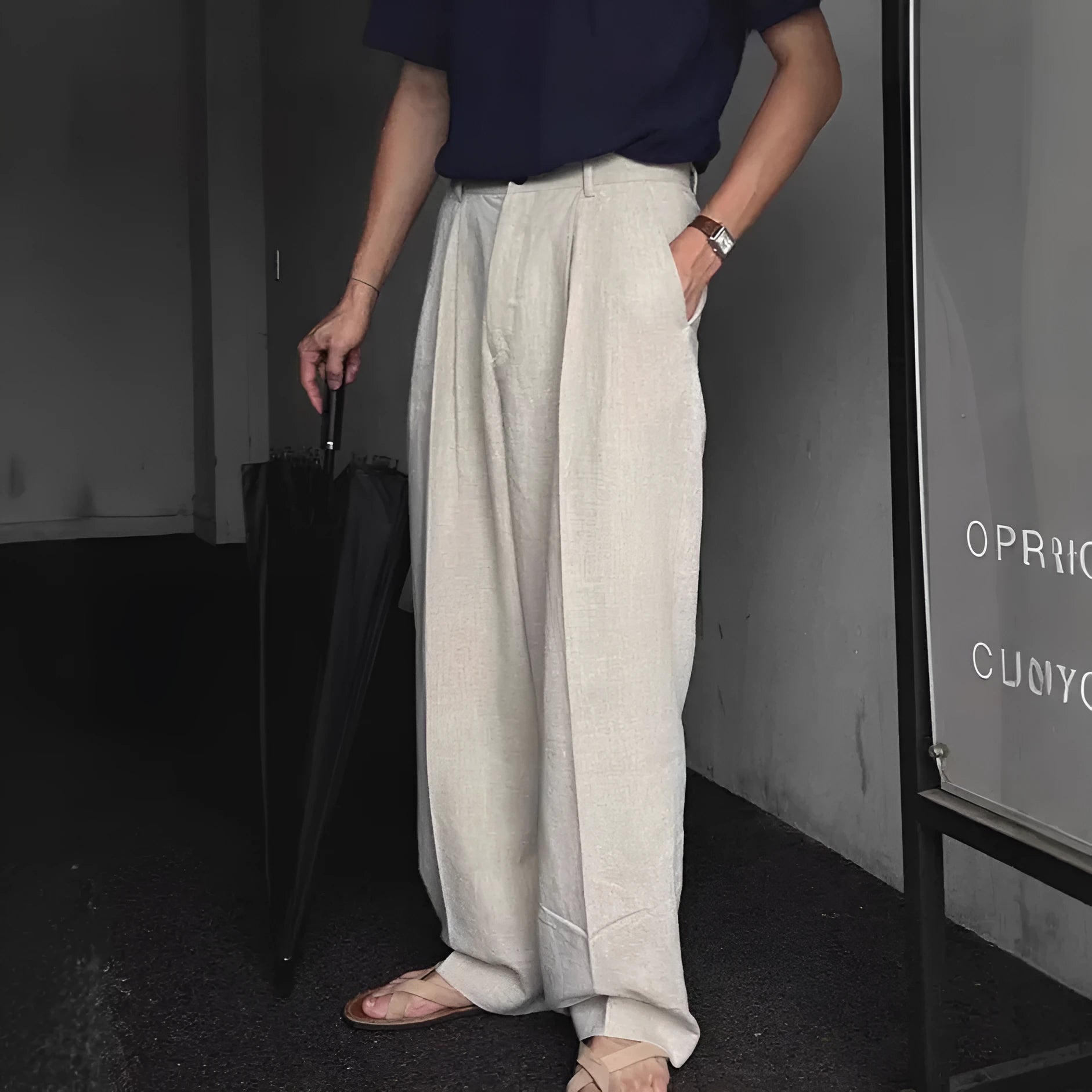 Men's lightweight cotton linen suit pants in loose Korean style with micro-elastic waist