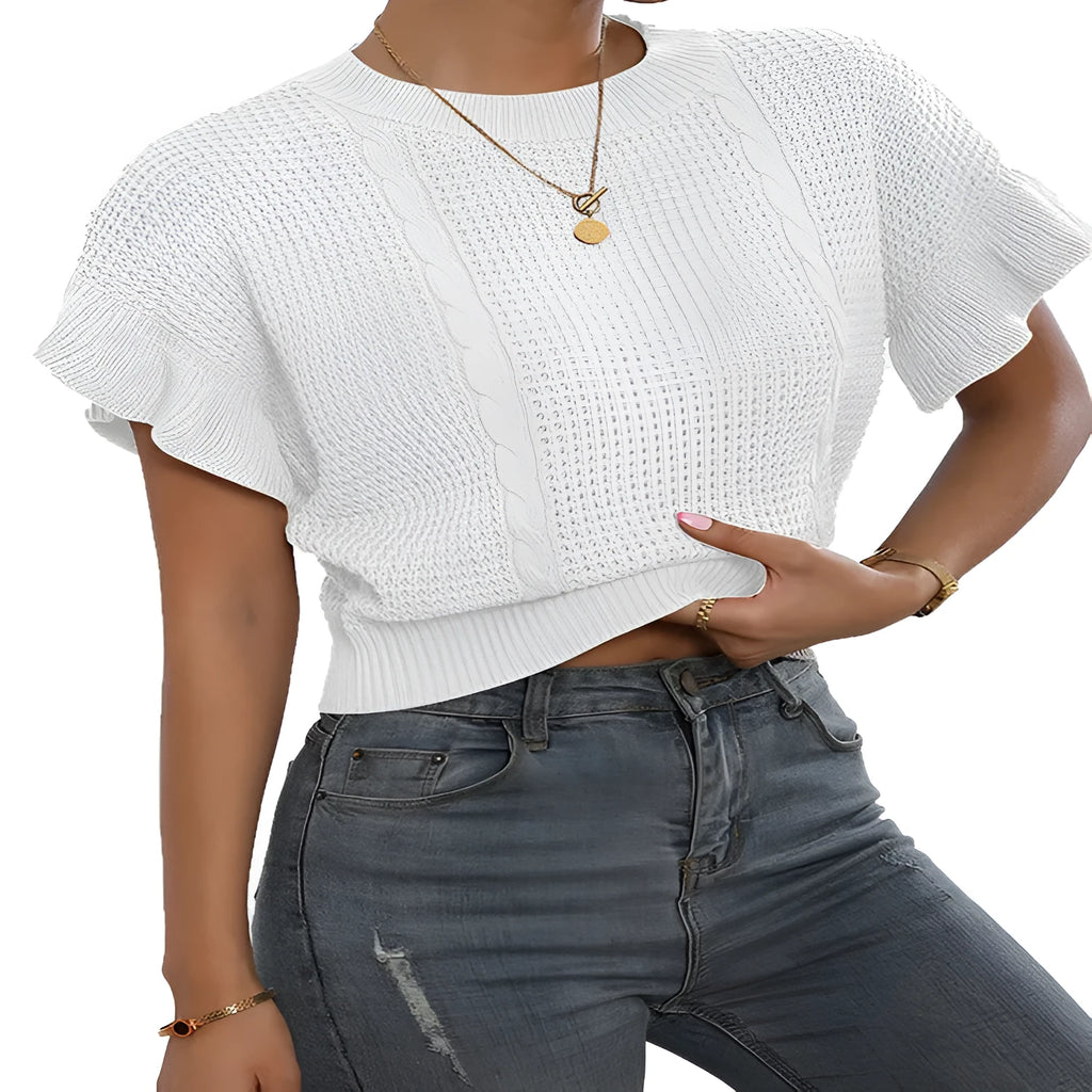 Twisted string ruffle sleeve knitted pullover sweater in Japanese Korean casual style