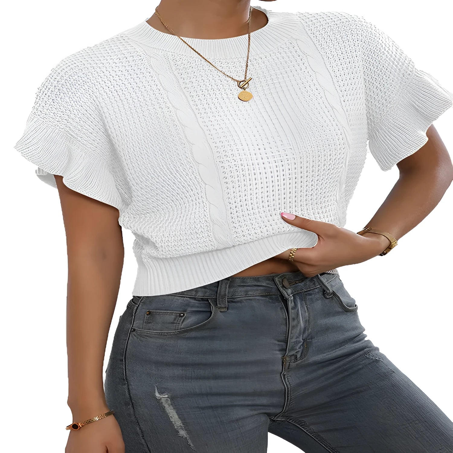 Twisted string ruffle sleeve knitted pullover sweater in Japanese Korean casual style