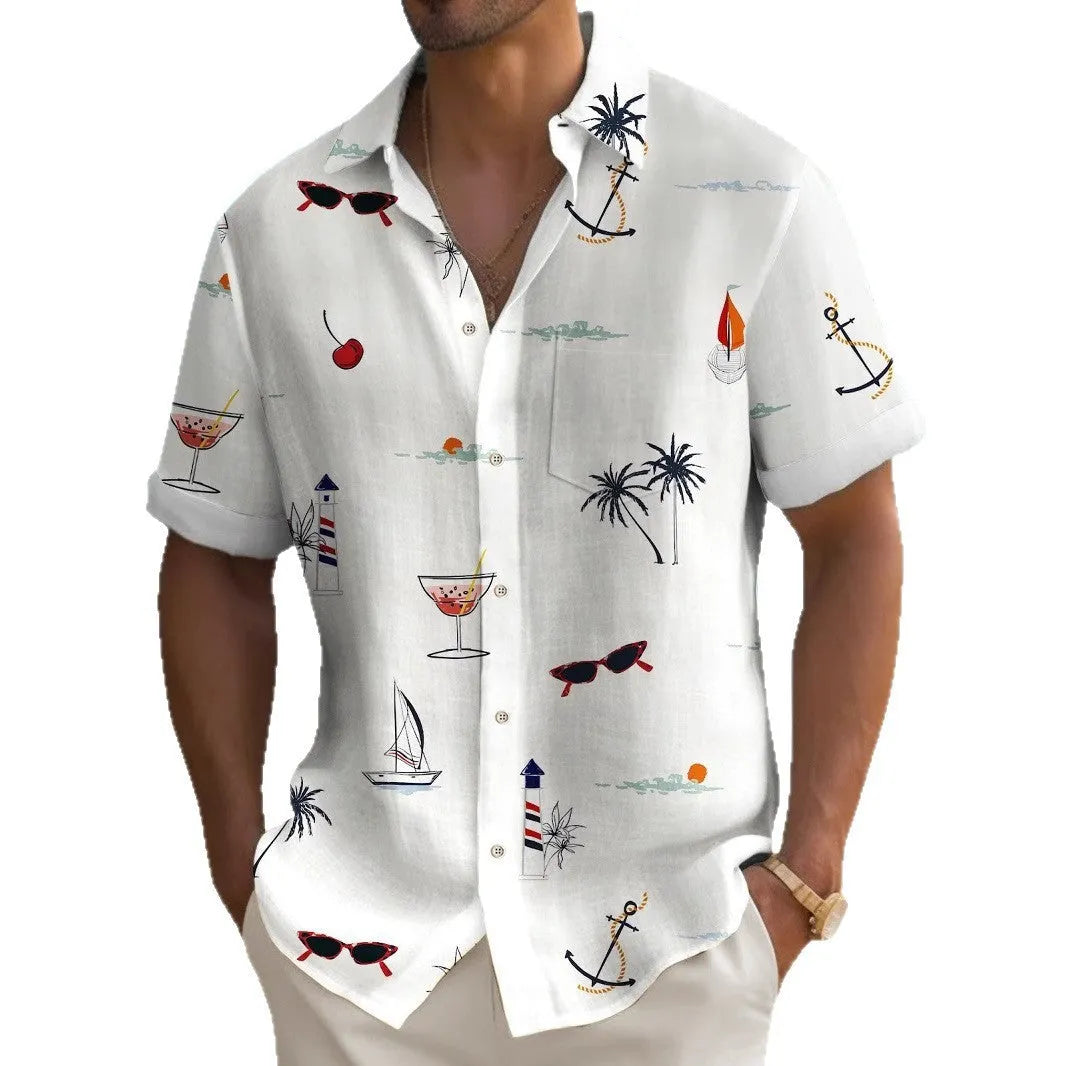 Men's loose fit Hawaiian shirt with colourful digital print pattern and short sleeves.