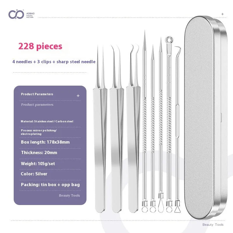 Four silver metal acne needles with ultra-fine pointed tips for skincare treatment.