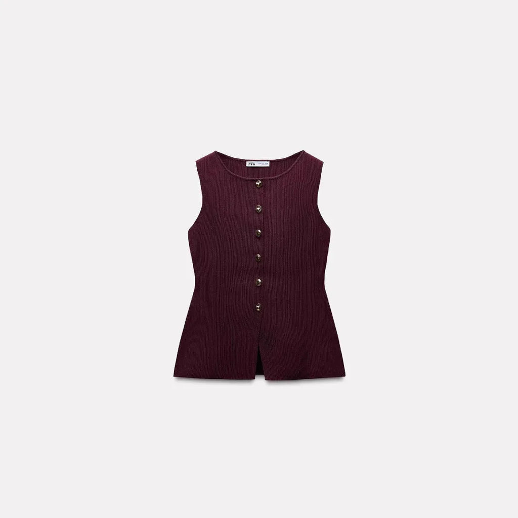 Dark red slim fit sleeveless sweater vest with gold buttons and a 3D pattern.