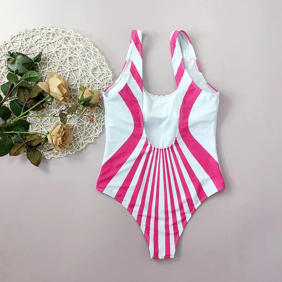 Pink striped one-piece swimsuit for women with digital printing on front and back.