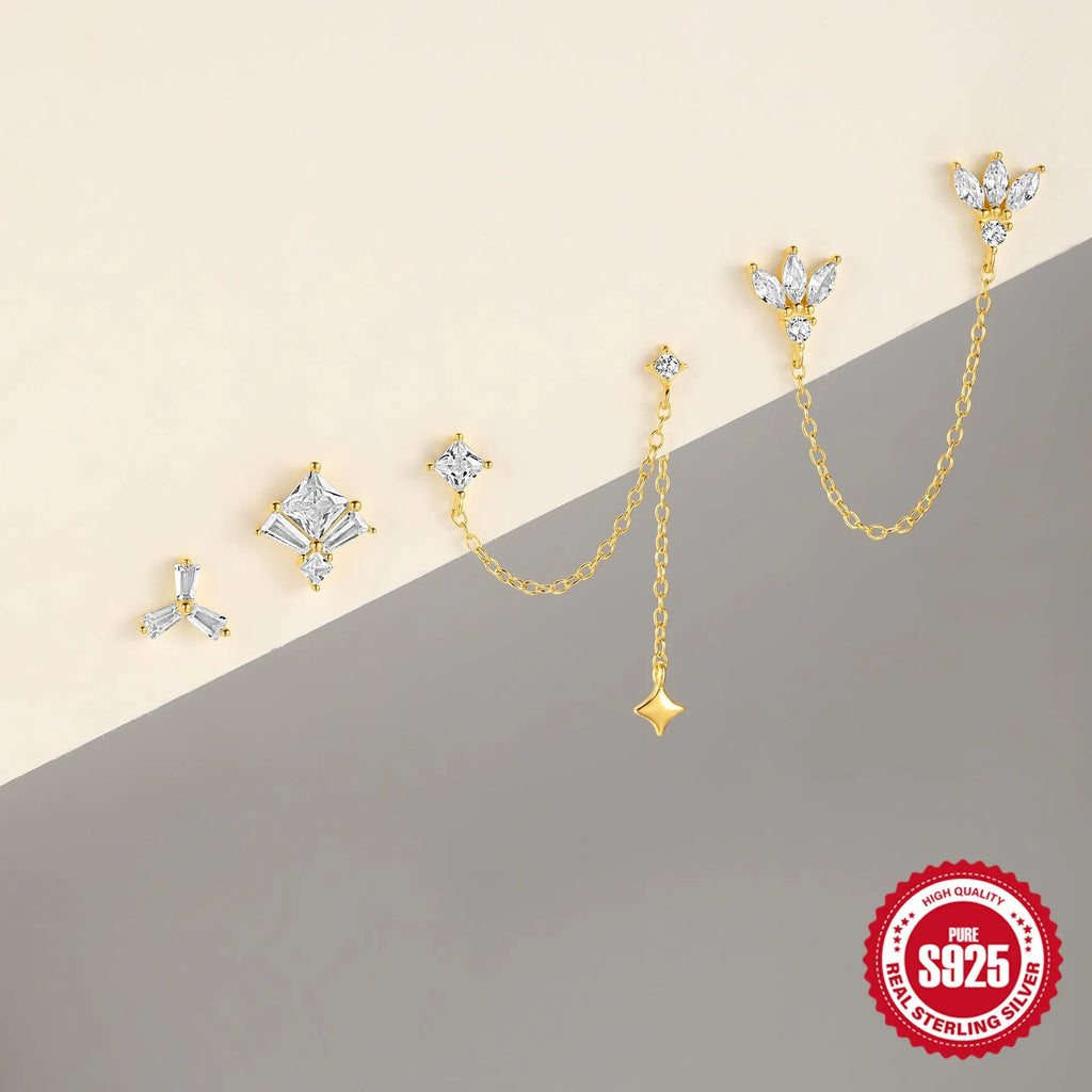 Golden geometric S925 sterling silver stud earrings with zircon inlay for double piercings, showing clover, crown, chain horse eye and double piercings designs.