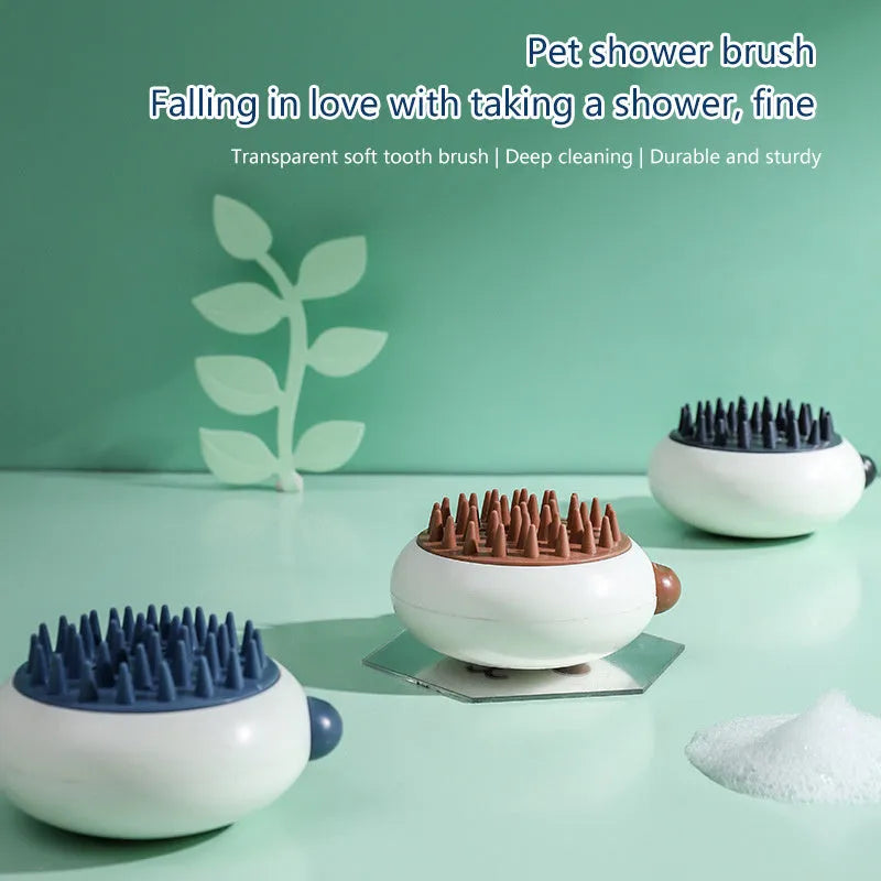 Panda-shaped silicone pet bath brush with soft bristles for washing cats and dogs.