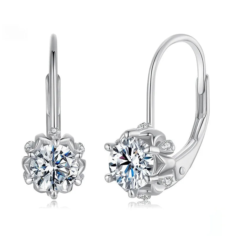White gold plated sterling silver flower bud clip earrings with a moissanite centre stone