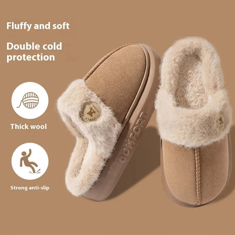 Plush fleece indoor slipper with thick PVC sole in khaki colour