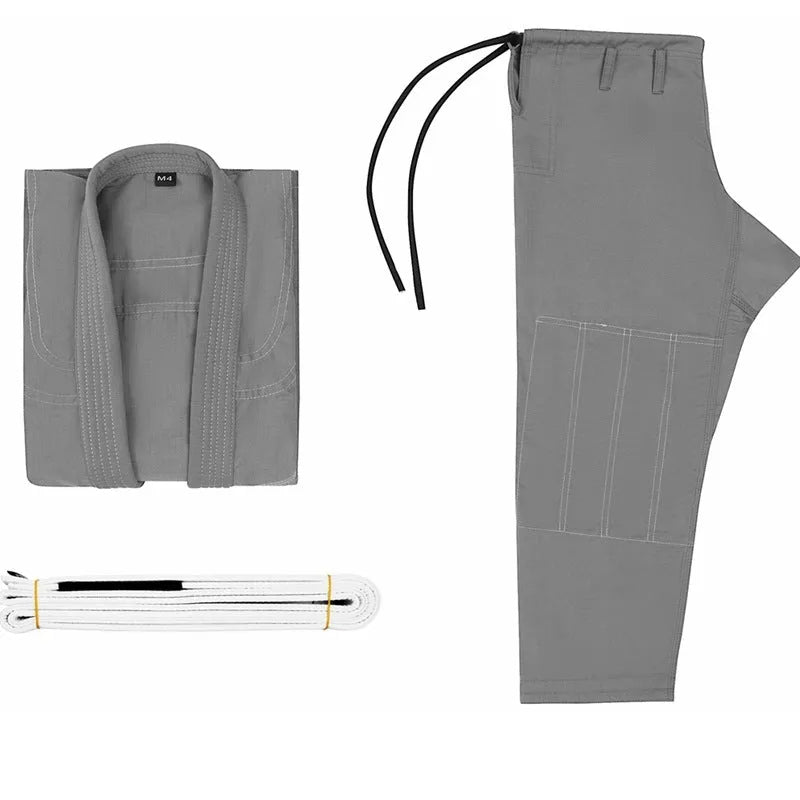 Brazilian jiu jitsu gi set showing cotton blend top and trousers in one of five available colours.