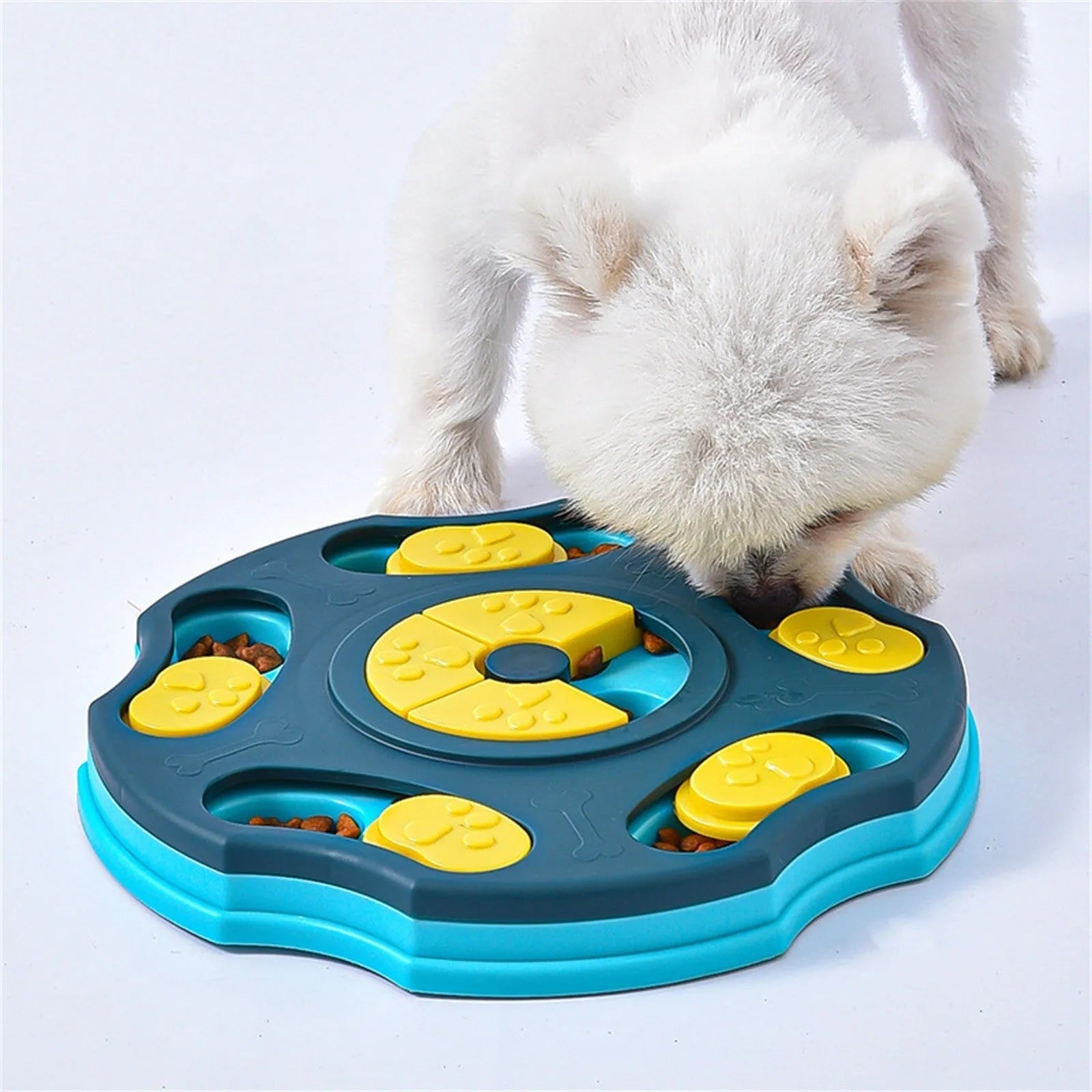 Blue and pink interactive dog puzzle feeder toy for slow eating and mental games