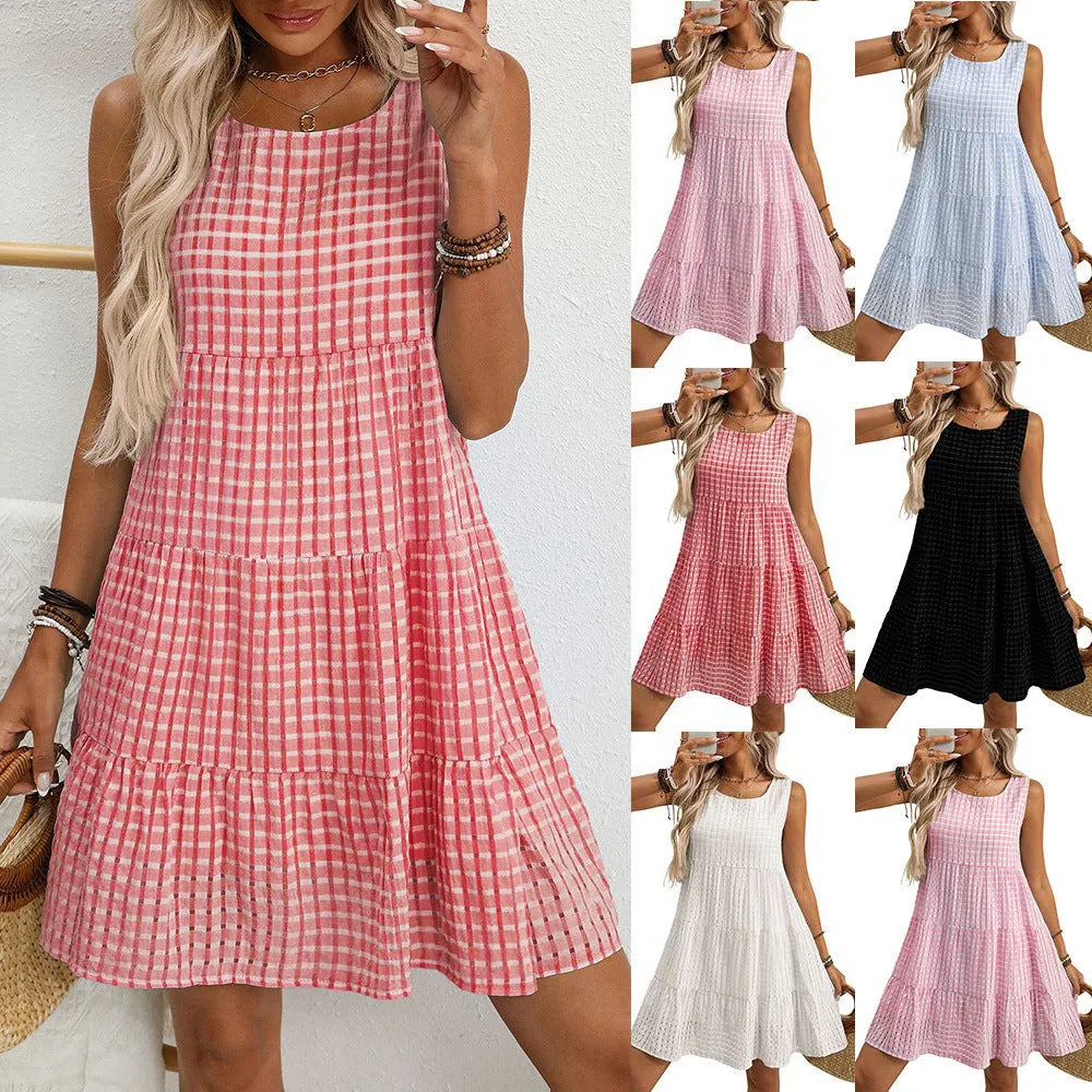 Women's light blue sleeveless plaid dress with high waist and swing skirt on a hanger.