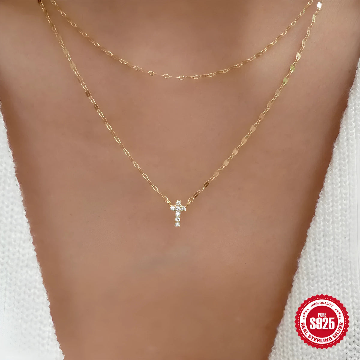 S925 sterling silver necklace with double layer twin diamond cross pendant on clavicle chain
