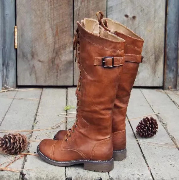 Women's black casual high leg boots with a chunky low heel and round toe