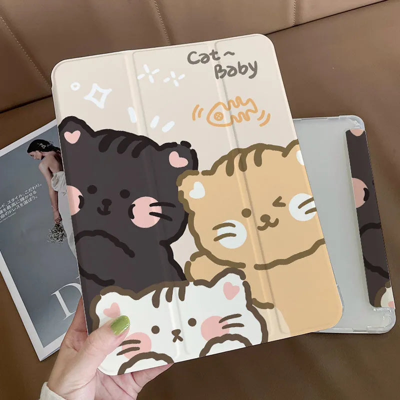 A flat, tri-fold silicone protective case for an iPad, shown in a cartoon rabbit pattern.