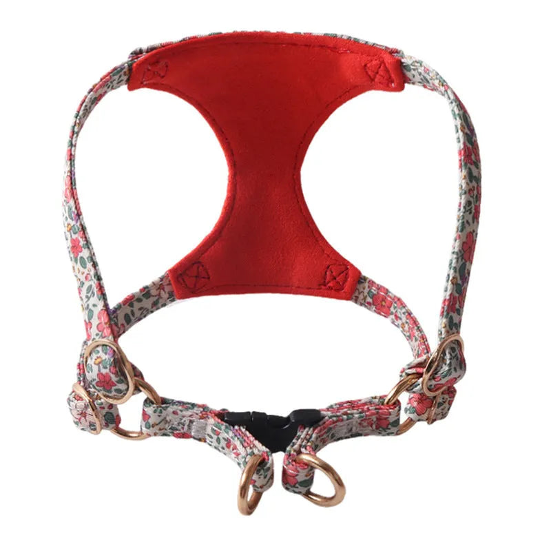 Floral pattern cloth pet harness with leash in orange colour showing single chest back design