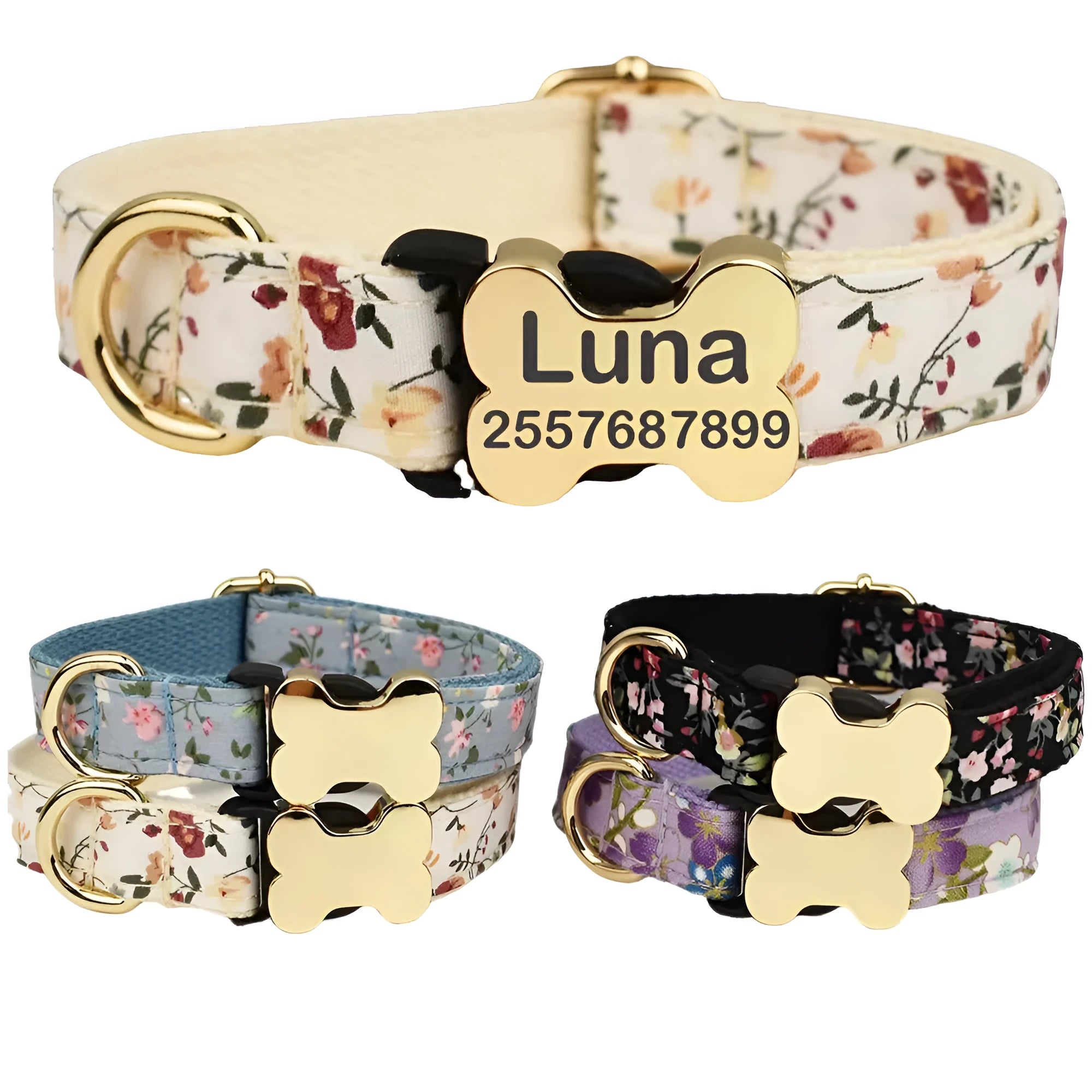 Nylon dog collar with printed grid pattern and bone buckle in multiple colour options