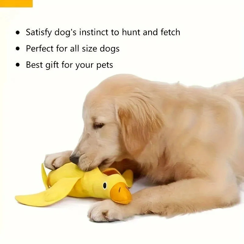 Yellow teddy dog toy with duck sound feature and treat dispensing openings for training