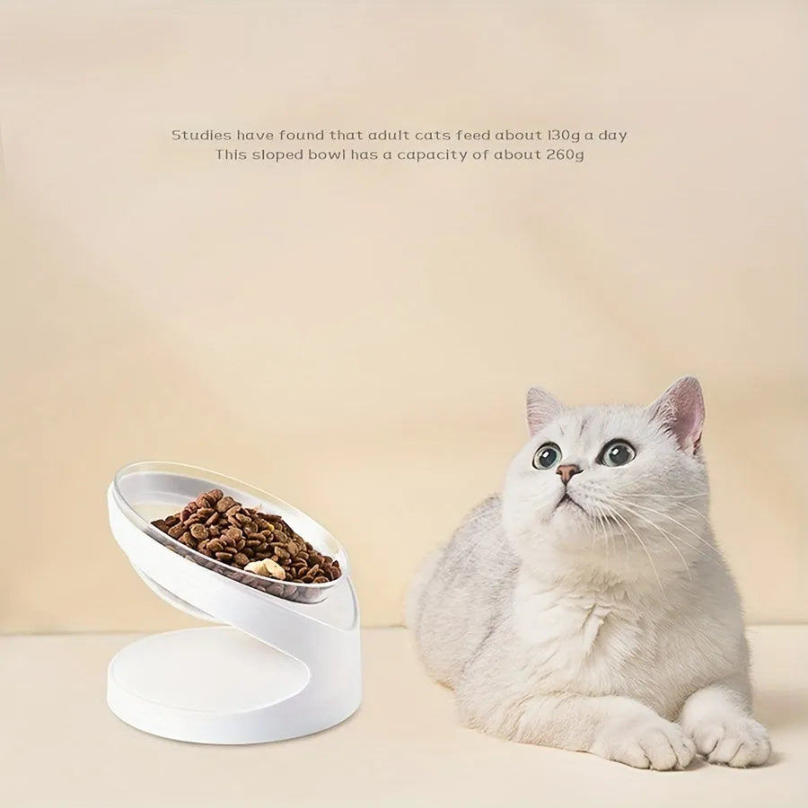 White elevated cat food bowl with tilted anti-vomit design for ergonomic feeding