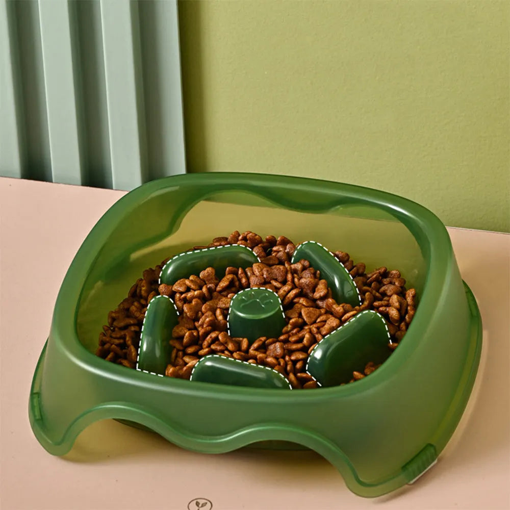 Plastic dog slow feeder bowl with anti-choking ridges in blue, grey, green, and orange colour options