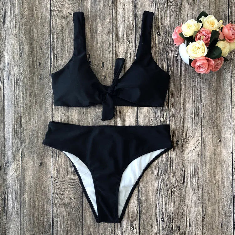 Women's polyester bikini set in solid colours with sleeveless design