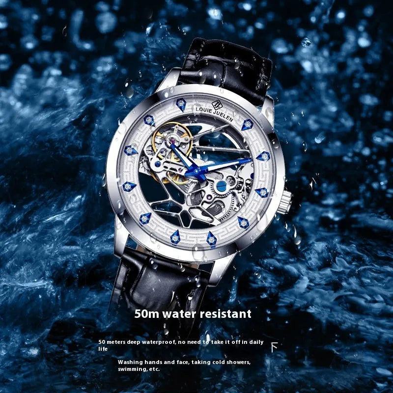 Men's silver case mechanical watch with white dial, blue luminous hands, and black genuine leather strap