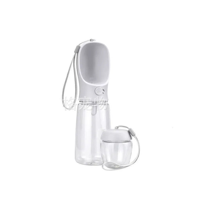 Blue portable plastic dog drinking cup with dual-use design for walks.