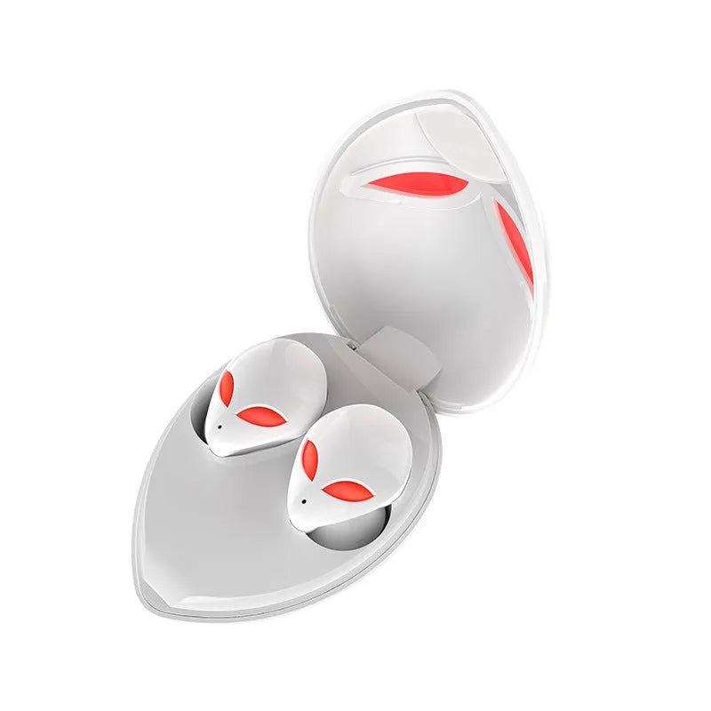 Creative Outer T8 Starman alien-design Bluetooth headset and charging case in red, blue, white, or black.