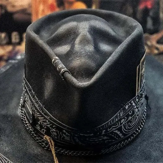 Handmade wool felt denim skull hat with conical crown and skull print design for Halloween costumes