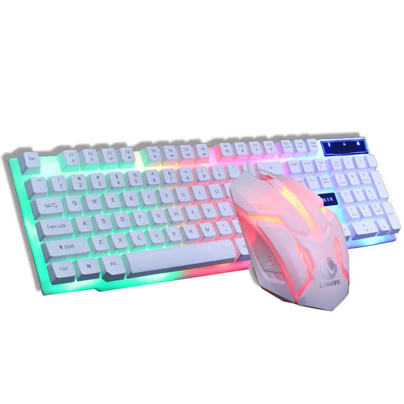 GTX300 black and white gaming keyboard and mouse set with backlit lighting on desk