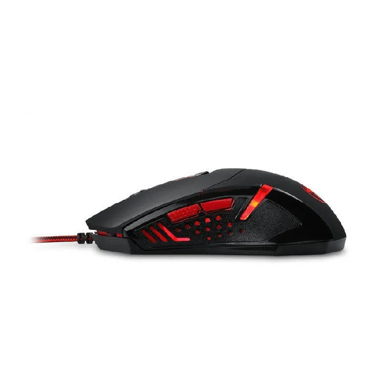 Black and red wired USB ergonomic gaming mouse with six buttons on a desk.