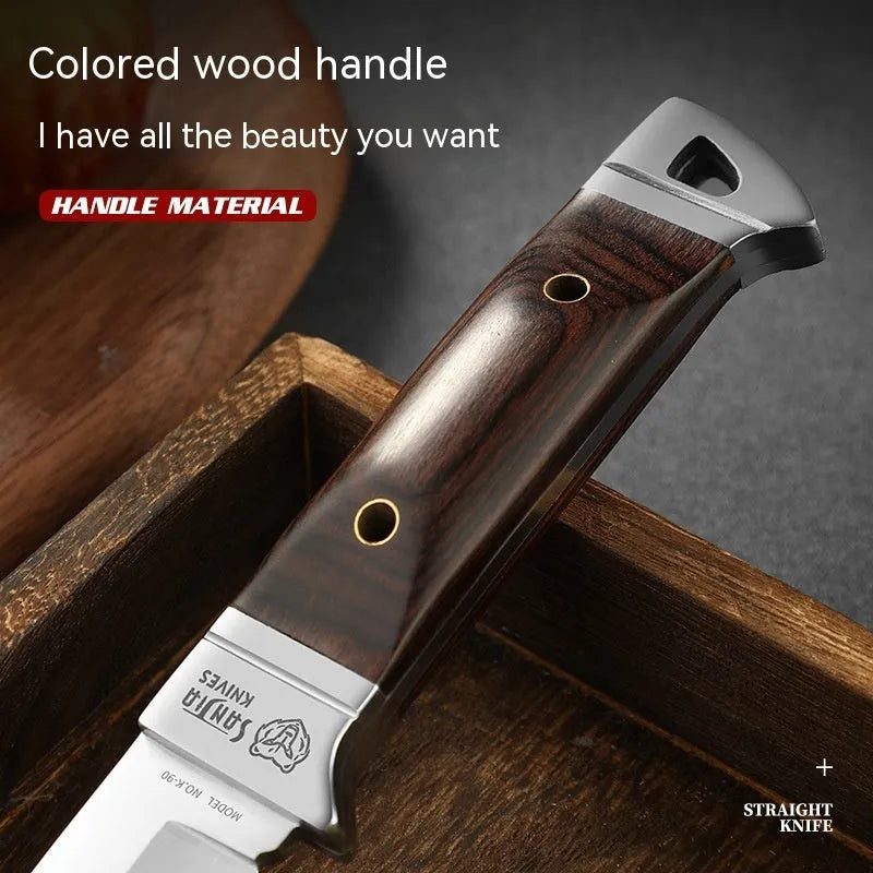 Camping multifunctional fruit knife with stainless steel blade and leather protective case