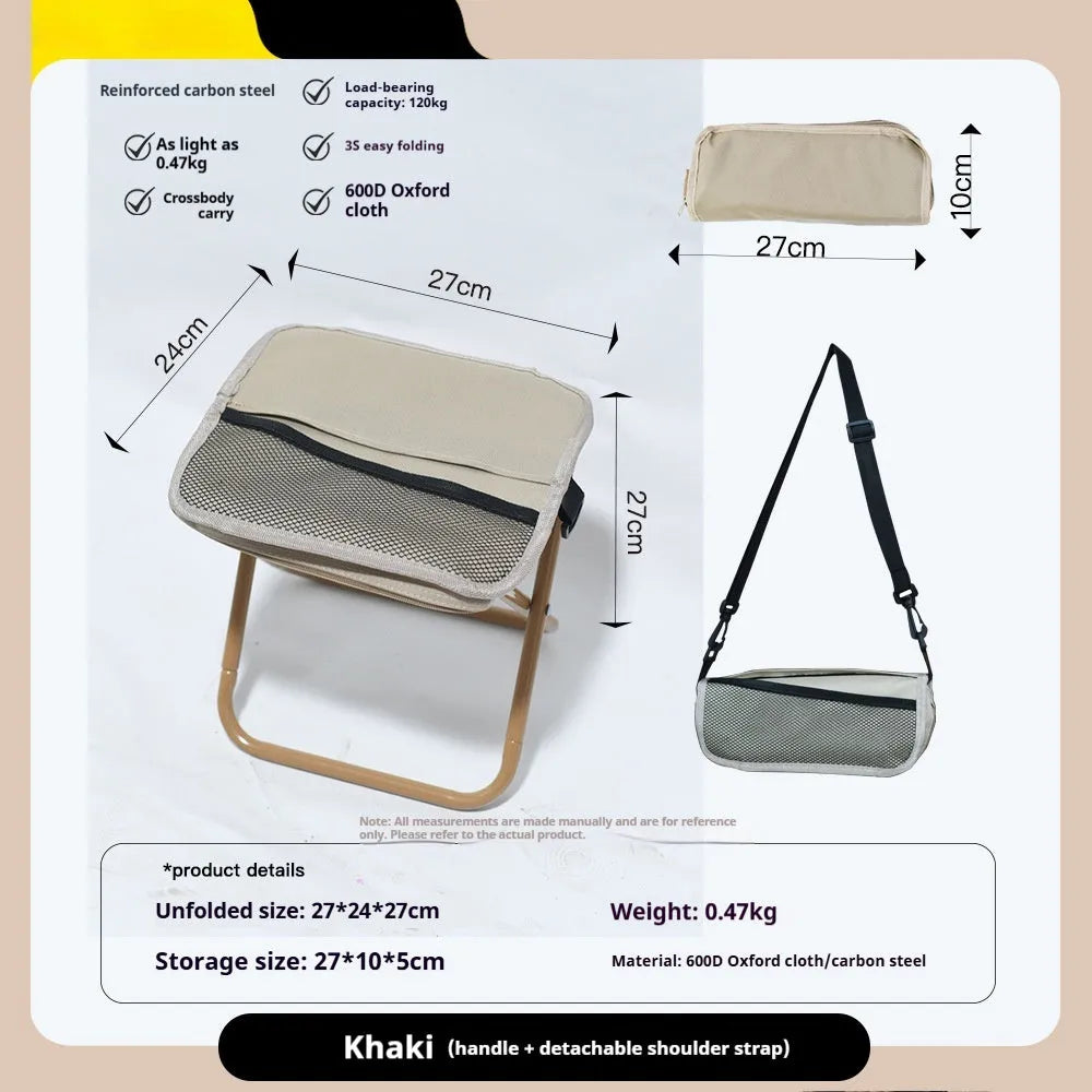 Lightweight foldable camp chair stool in khaki colour, shown both set up and folded into its compact pencil box carry case.