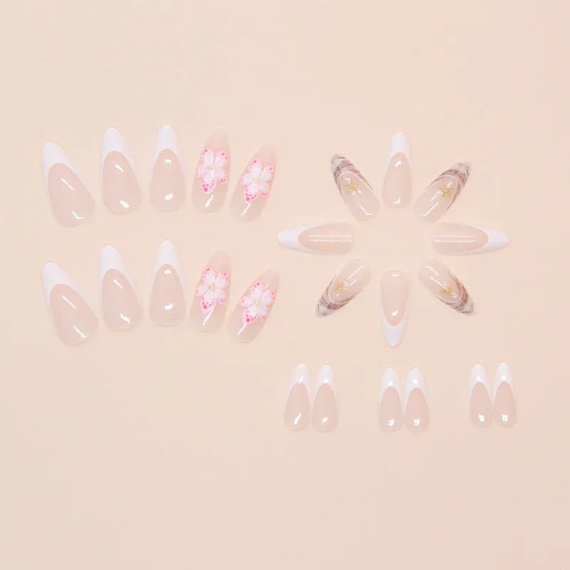 French style false nails with rock pattern flower design W1764 simple flower artificial nails