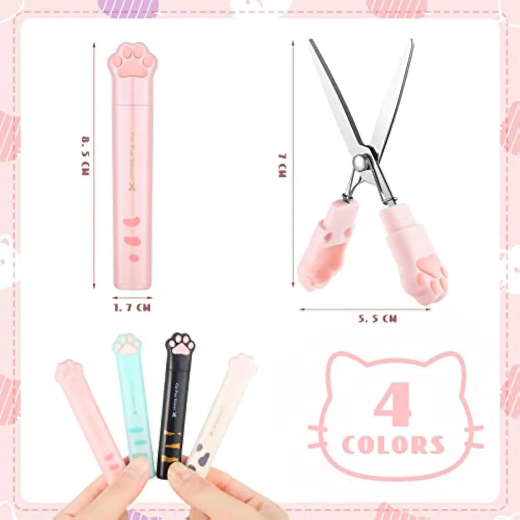 Set of four mini folding scissors with cat paw design in black, blue, pink, and white colours.