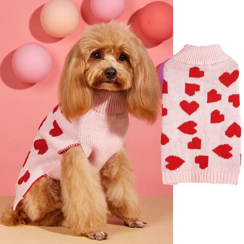 Red love heart and pink bow design dog jumper for small breed indoor wear